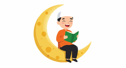 Smiling Boy Sitting on Crescent Moon and Reading Quran