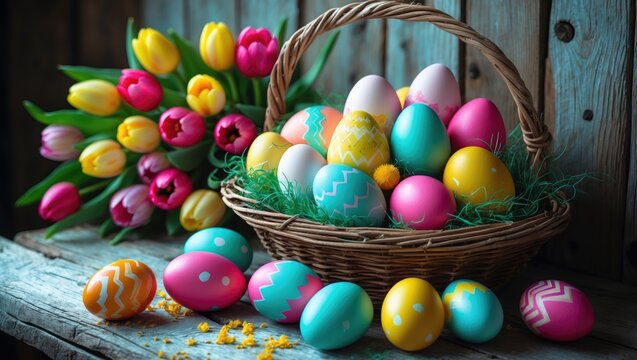 Easter eggs in a wicker basket and vibrant tulips on a wooden table, with space for text - Powered by Adobe