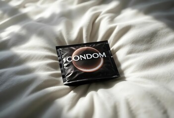 Condom packet resting on white bedsheet, sunlight casting soft morning shadows, cozy bedroom setting.
