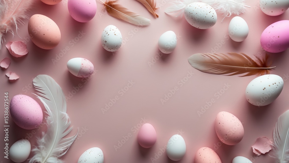 Poster Easter background featuring pink and white colored eggs decorated with feathers within a holiday frame, leaving empty space for copying. Spring backdrop.