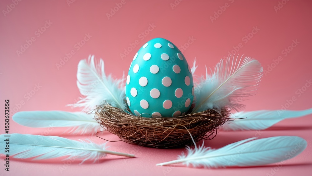 Poster easter egg nestled in a nest on a pink background. copy space.