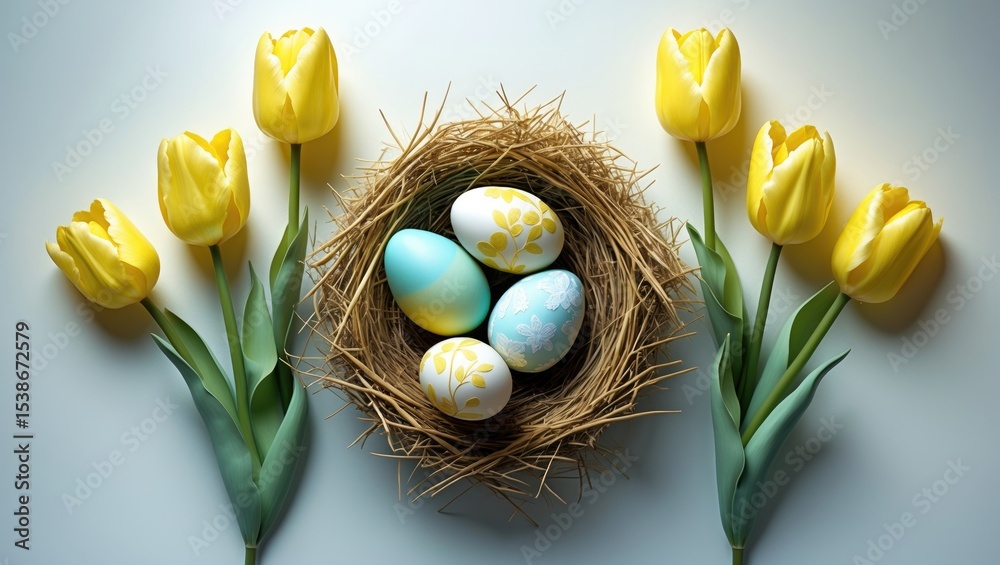 Poster easter eggs and stunning tulips displayed on a white background, flat lay arrangement. space availab