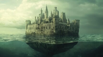 Mysterious floating castle submerged in dark waters.