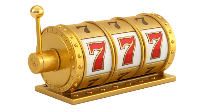 Golden slot machine jackpot seven seven seven on a white background PNG. AI GENERATED