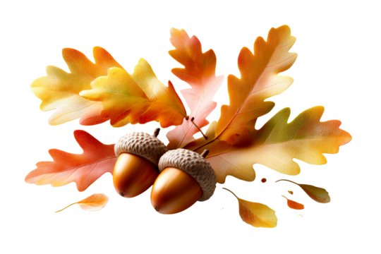 Beautiful autumn leaves and acorns on a transparent background