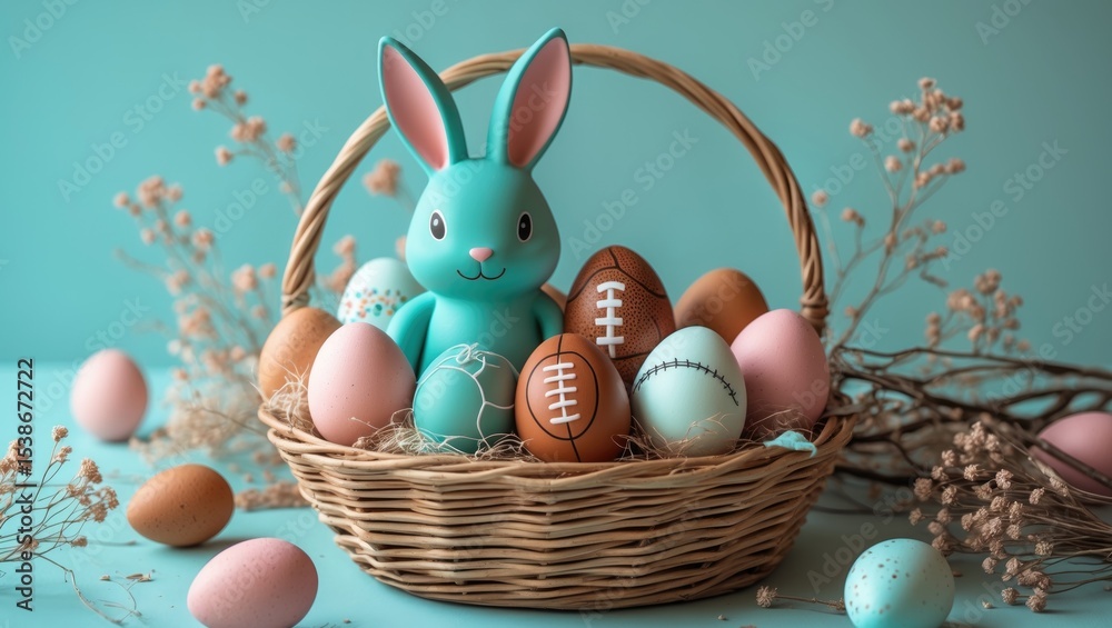 Poster Easter eggs top view on green background empty copy space, egg in basket top view blank card, backdrop.