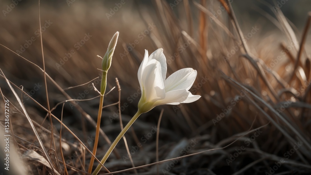 Poster close-up image of delicate white crocus flower with dark purple stripes rising from dry grass and tw