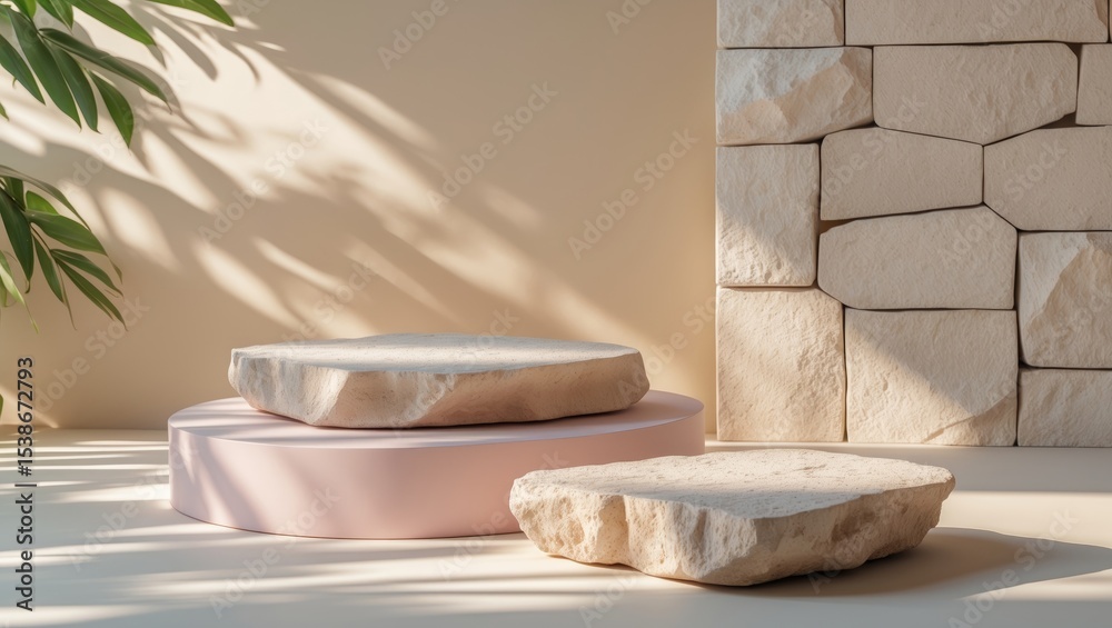 Poster elegant pastel podium featuring botanical shadows and a natural stone wall as a sophisticated settin