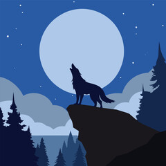 Wolf Howling at Full Moon Silhouette on Cliff