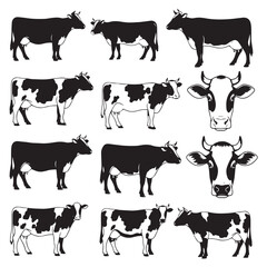 Farm Cow Icons in Minimal Silhouette Style Featuring Bold Black Outlines for Milk, Beef and Village Market Design Projects
