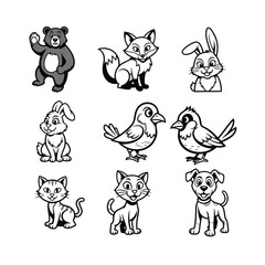 Fototapeta premium Adorable cartoon animals set black and white