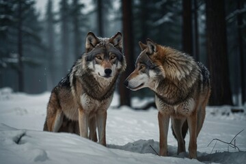 Obraz premium Two Wolves Standing Alert in a Snowy Winter Forest Landscape