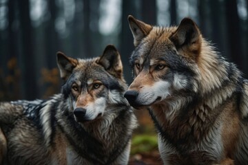 Fototapeta premium Two Gray Wolves Together in Forest Under Dim Light Observing Wildlife
