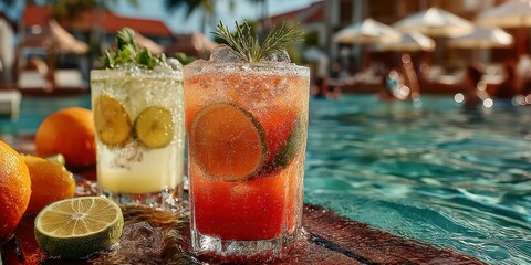 Refreshing summer cocktails beside a sparkling pool at a tropical resort during sunset
