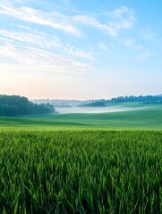 Fototapeta premium Photo of a lush green field at sunrise, symbolizing tranquility, nature’s beauty, and the start of a new day
