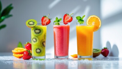 Delicious and vitamin-rich summertime treats feature fresh fruit juices presented in tall glasses, such as strawberry, kiwifruit with peppermint, and liquidized orange.