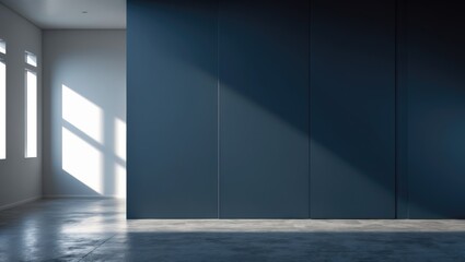 Dark blue wall in an empty room featuring a concrete floor