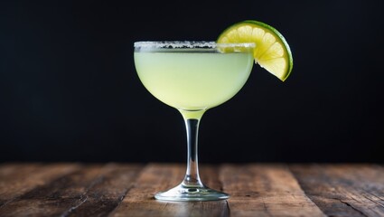 Daiquiri cocktail featuring lime wedge served on a wooden table