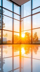 Sunset view through modern office corner windows