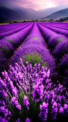 Obraz premium Sunset Lavender Field, Rows, Mountains, Provence, France