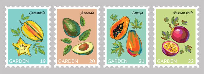 Postage stamps with fruits. Fruit stickers with carambola, avocado, papaya and passion fruit on colored backgrounds. Whole and sliced ​​fruits with leaves. Set of hand drawn vector. Cartoon.