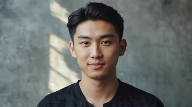 A young Asian man with short black hair and dimples smiles warmly against a textured gray background, celebrating Dimples Day..