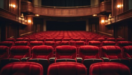 Dark red soft velvet chairs in the theater hall arranged for seating.