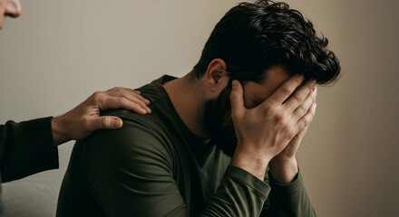 Man overwhelmed by grief receives comforting hand on shoulder support empathy sadness sorrow mentalhealth emotional distress psychological help healing consolation