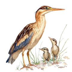 A Mother Bittern With Her Kid, watercolor drawing vector, isolated on a white background.