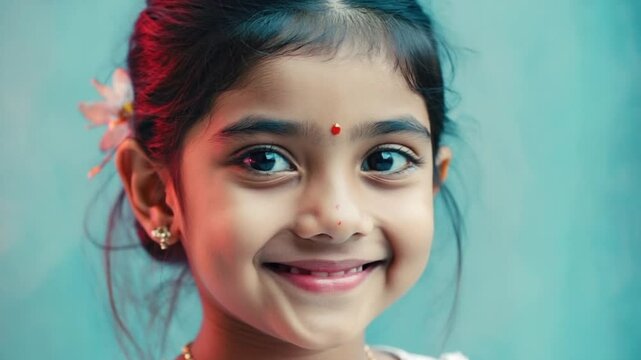 A young Indian girl with dark hair and dimples smiles brightly. She wears a traditional outfit and a decorative bindi on her forehead, celebrating Dimples Day..