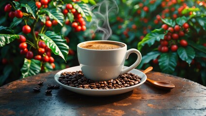 Fototapeta premium Cup of hot coffee alongside roasted beans and a plant background.