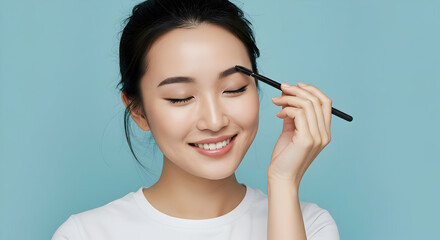 Beautiful woman applying eyebrow makeup perfect brows beauty skincare routine cosmetics makeup artist