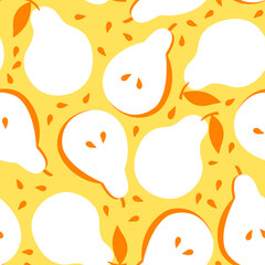 Seamless fruit pattern with white pears and orange seeds on orange background. Summer or autumn  wallpaper, could be used as print for fabric, wrapping paper, card. 