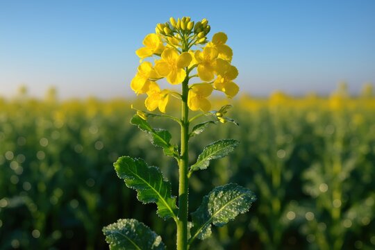Bright morning scene of blooming colza with dew drops
