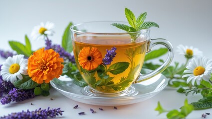 A cup of herbal tea shown against a plain background.