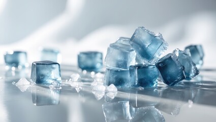Crushed translucent blue-grey ice on a bright reflection table against a background.