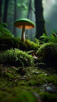 Amanita phalloides mushroom in a lush forest with ferns and moss growing around the base, ethereal soft light