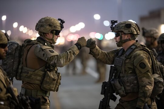 Military Personnel Engage in Camaraderie While Preparing for Deployment at Dusk in a Secure Area