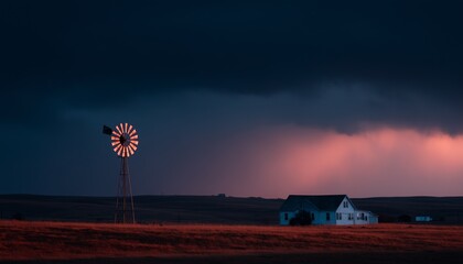 A windmill and farmhouse silhouette against a dramatic sunset sky, creating a serene rural landscape with intense colors.