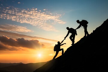 Climbers Engage in Teamwork While Ascending a Mountain at Sunset in a Beautiful Landscape