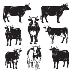 Minimal Cow Silhouettes Pack in Bold Black Line Art Style for Use in Traditional Farming, Milk Branding and Eco Packaging