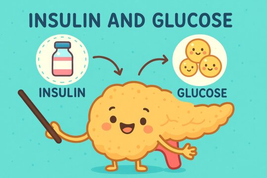 Cute cartoon pancreas character explaining insulin and glucose with smiling faces. Concept of diabetes education, hormone function, blood sugar regulation, child-friendly medical infographic