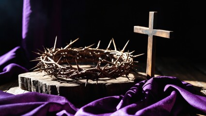 Crown of thorns with purple fabric, nails and hammer on wooden table set against a brown background