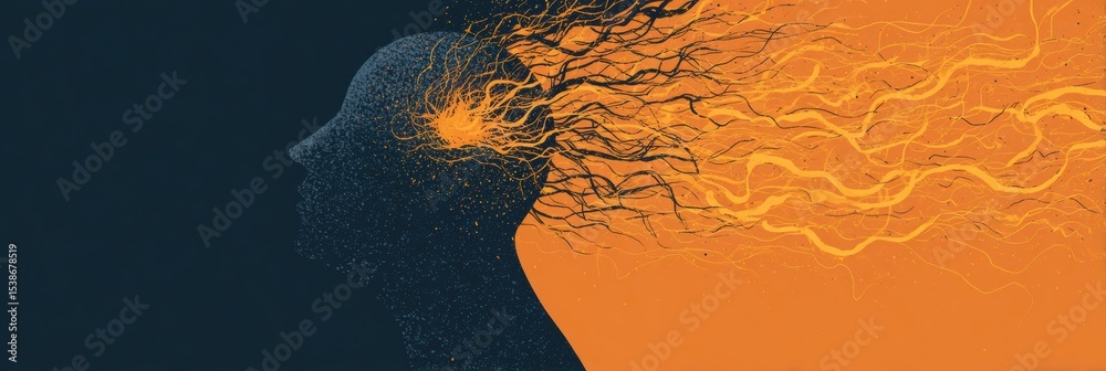 Poster exploding lines from temple symbolize anxiety and stress in a stylized head illustration with vibran
