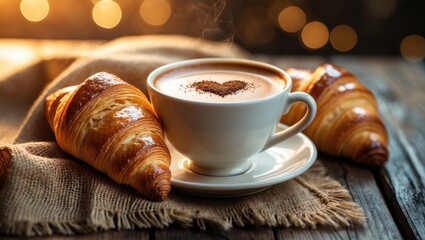 Cup of cappuccino coffee with a drawn heart and fresh croissants on a wooden table, top view