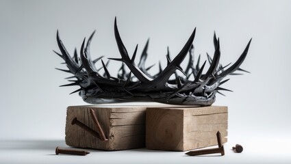Crown of thorns accompanied by nails and a wooden cross placed on a table set against a white background