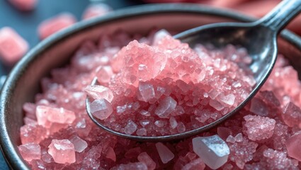 Crushed pink mineral salt in a metal spoon. Fresh exotic culinary ingredient. Top view.
