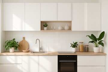 Modern kitchen elegance with minimalist white cabinets, wooden accents, and lush green plants for a stylish and functional cooking space