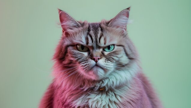 Disgruntled adult cat of the British Shorthair Golden Chinchilla breed frowns on a light green background.