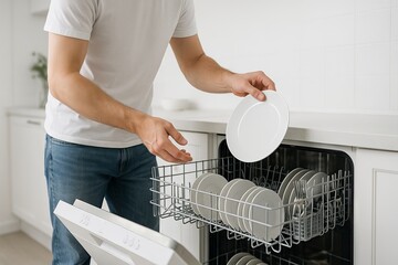 Caucasian man unloading clean dishes from dishwasher in modern kitchen. concept of household chore, efficient cleaning, domestic routine, home maintenance